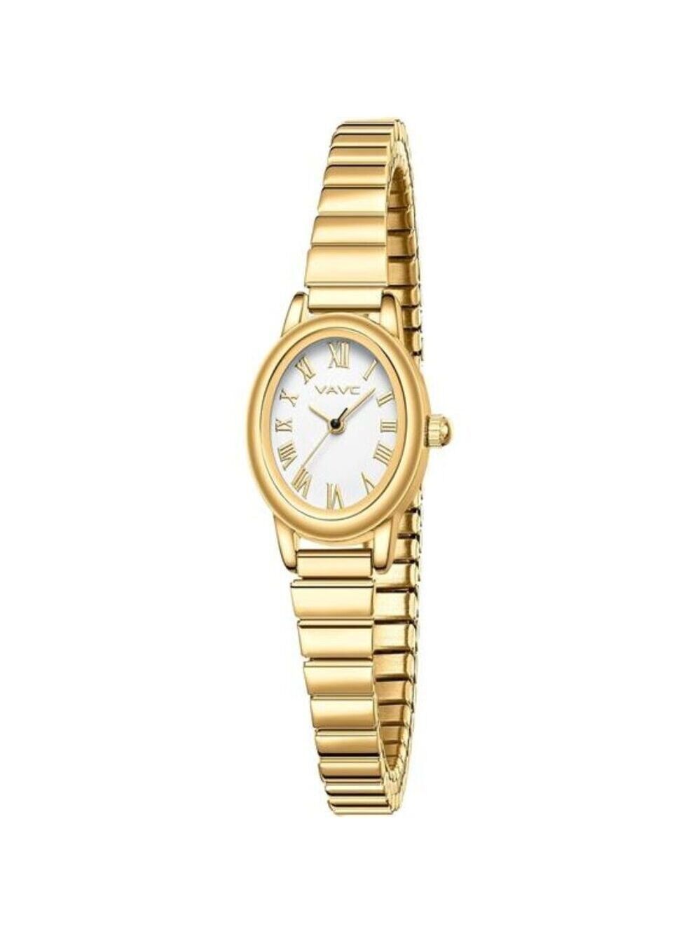 Womens Small Gold Watch Oval Face Roman Dial Stretch Band Water Resistant